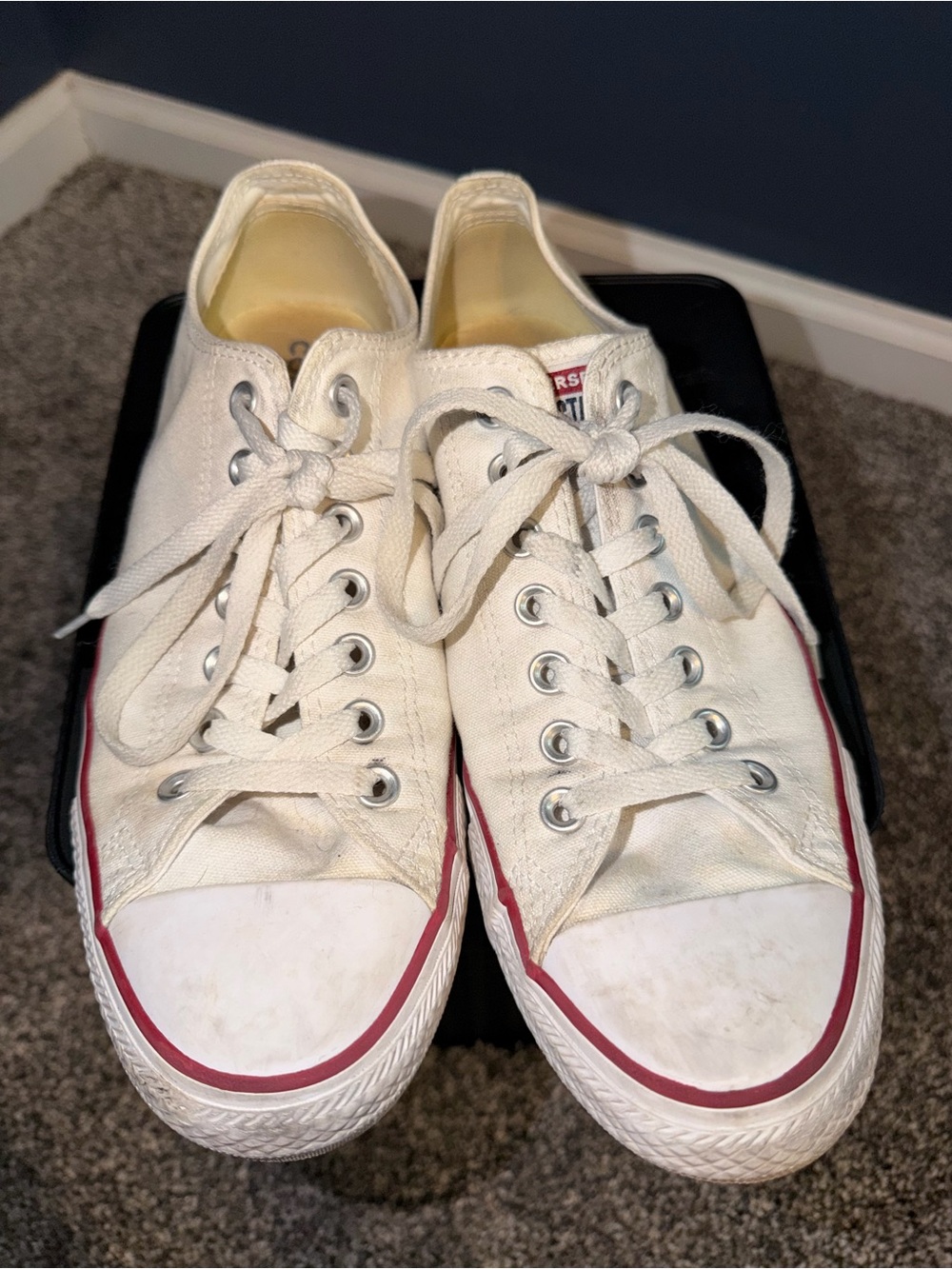 Converse White Canvas Low Top Sneakers with Red Stripe